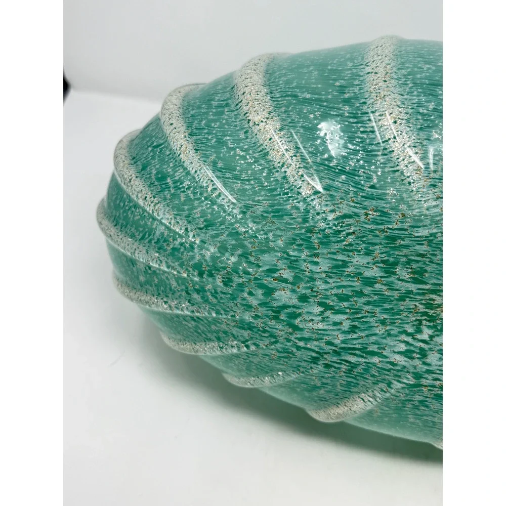 Art Glass Ribbed Urchin Vase 17x11 Teal Green Gold Fleck Coastal MCM Decor